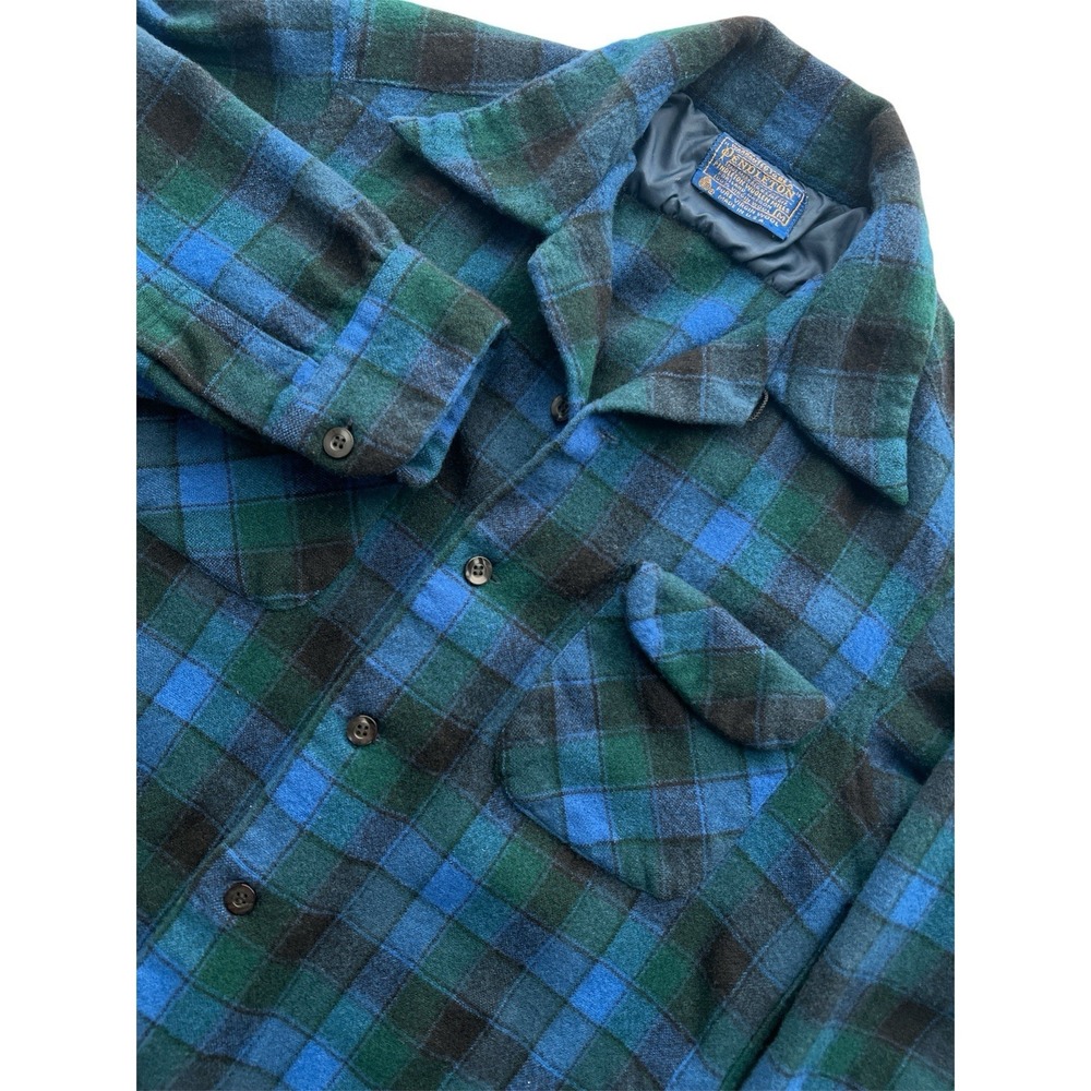 VTG Pendleton Board Shirt Mens M Blue Green Black Plaid Check Wool USA Made RARE